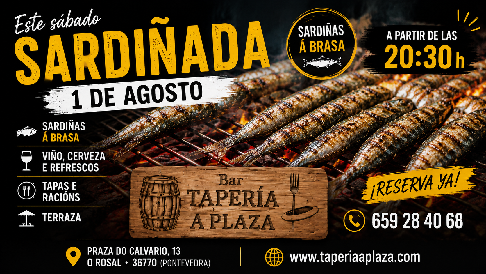 Sardiñada en Bar Tapería A Plaza | Sábado 1 de agosto en O Rosal